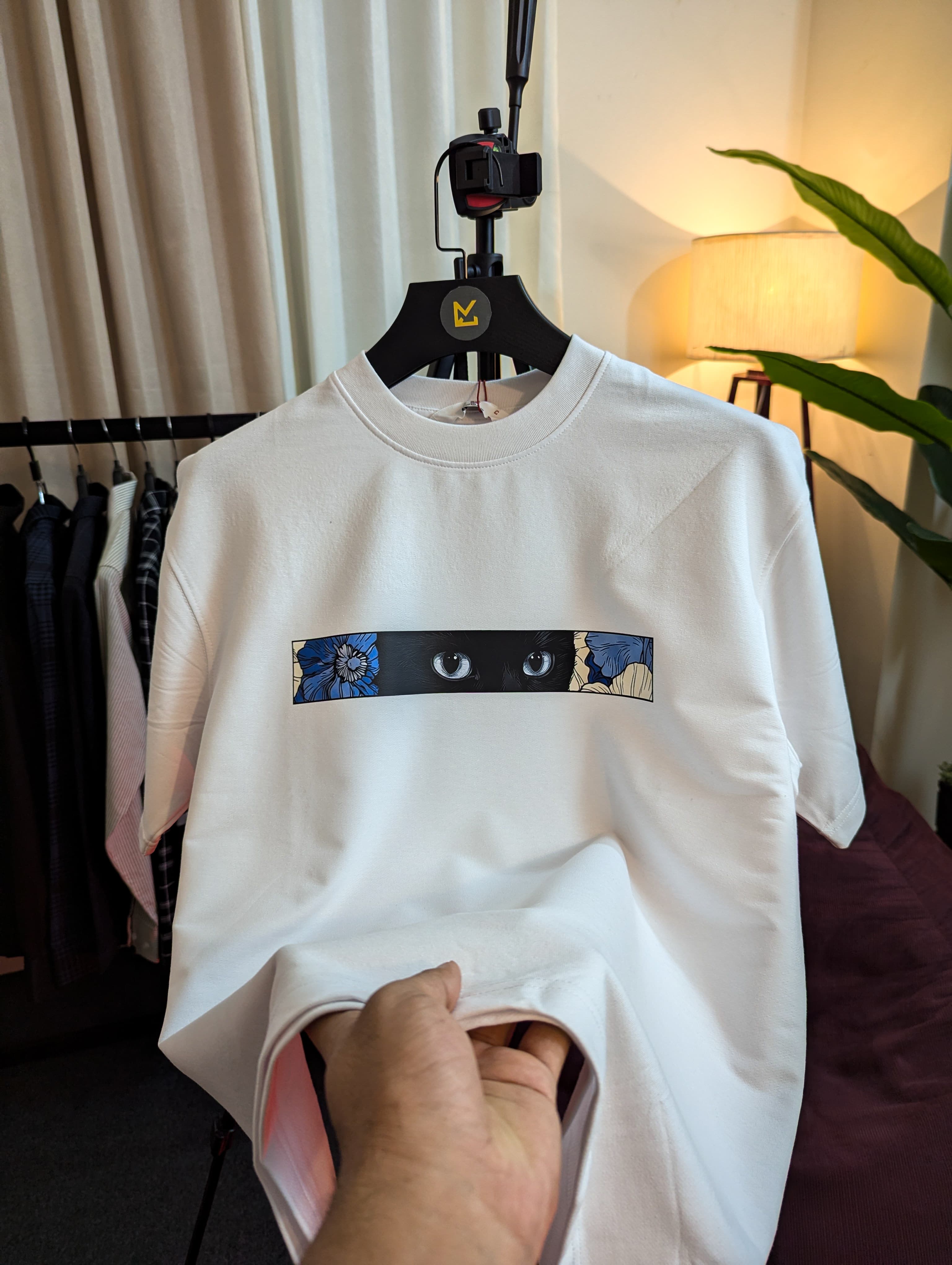 Midnight Bloom Cat Oversized Drop Shoulder T-Shirt - White