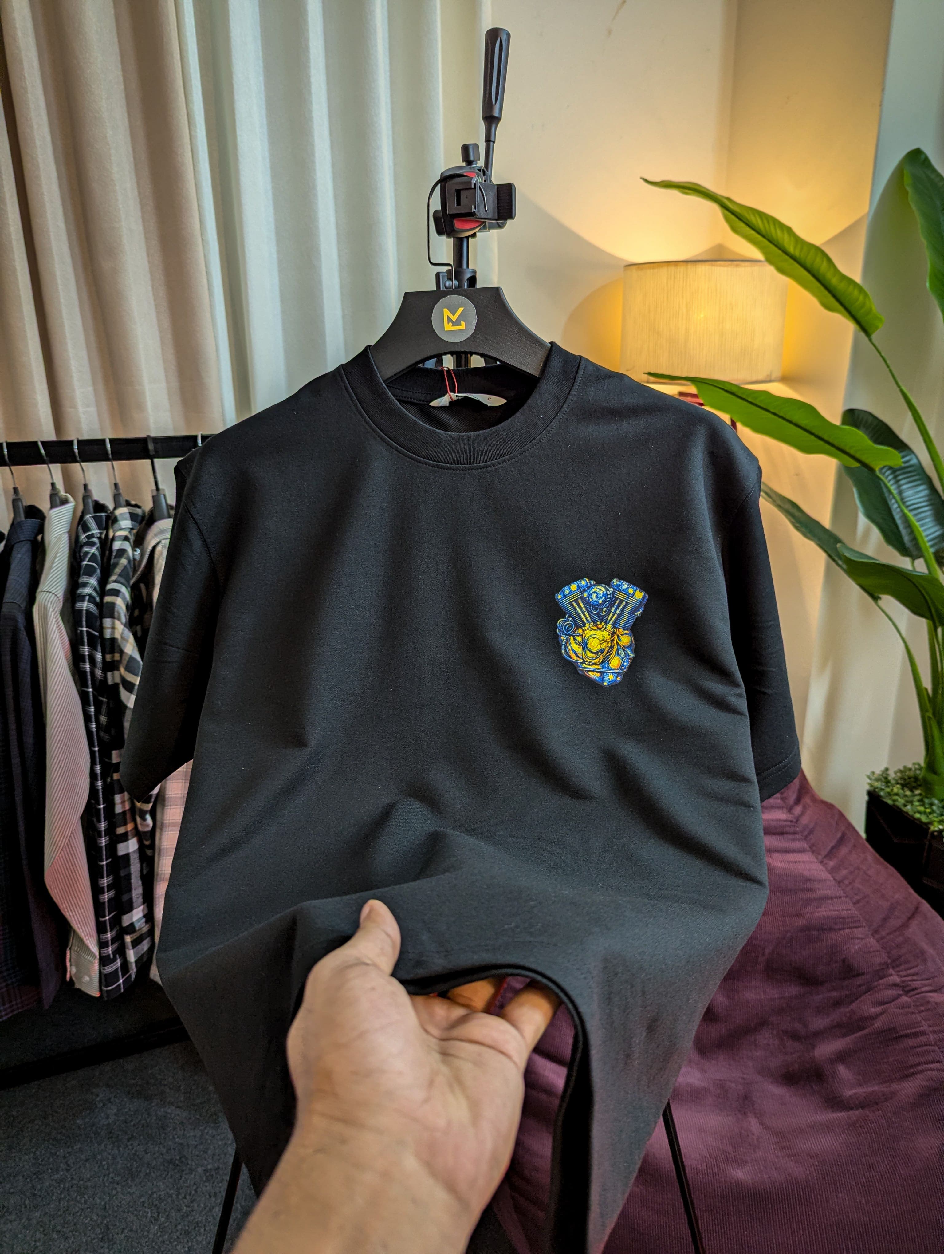 Starry Night Motorcycle Oversized Drop Shoulder T-Shirt – Black